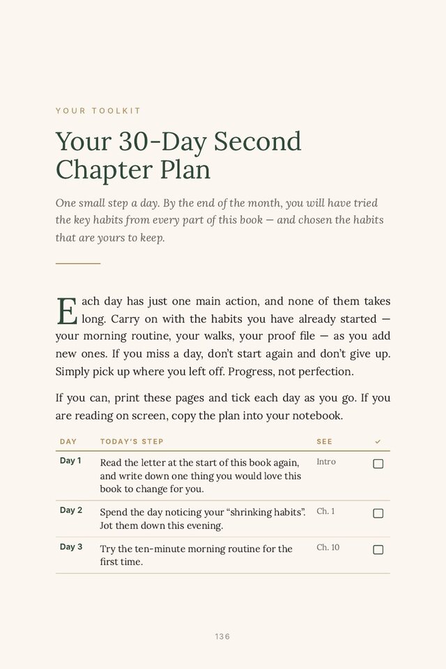 The first page of the 30-day plan with a table of daily steps and tick boxes